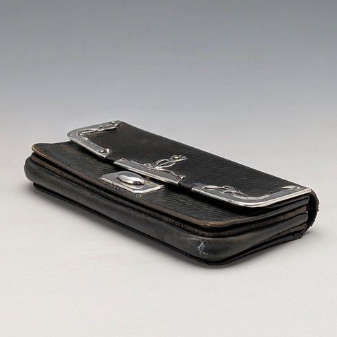 約 1905 年德國古董純銀裝飾小號皮革皮夾綠色皮革零錢包 SD